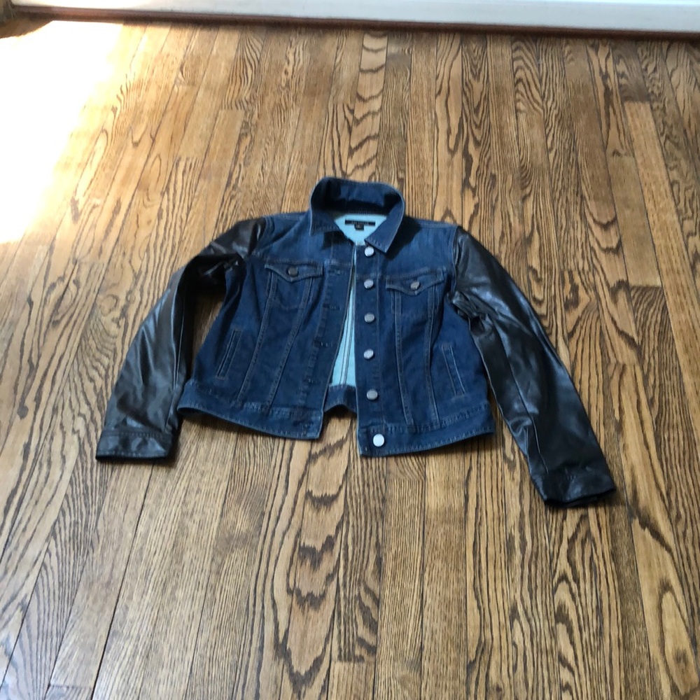 Ann Taylor denim jacket faux leather sleeves